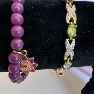 Mixed Bracelet Lot (2) Vintage PAJ China Multi-Stone Tennis & Purple Floral Bead